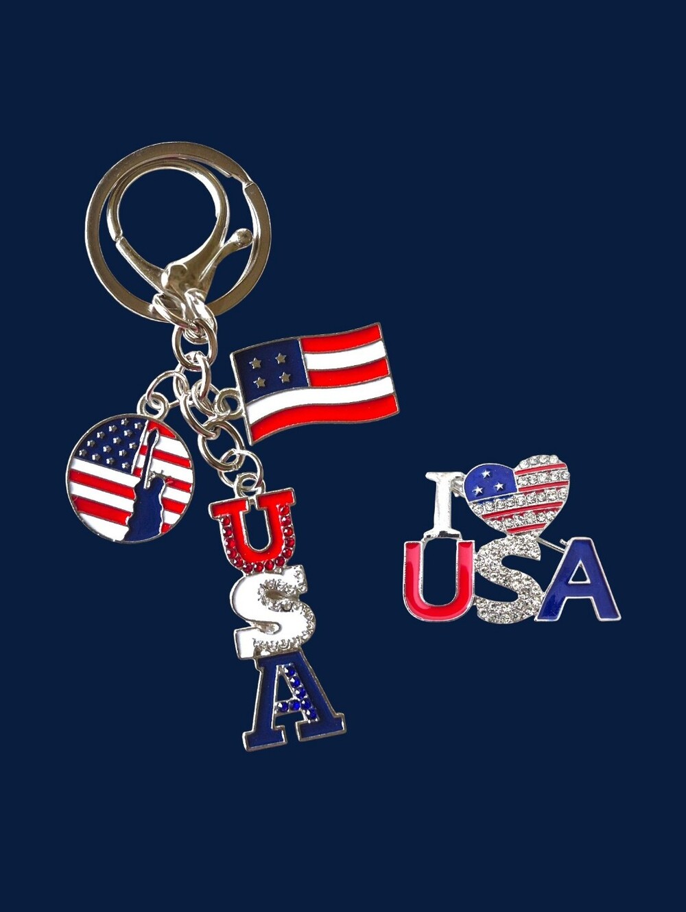 Patriotic USA Bag Charm / Keychain & Pin Set - Red, White & Blue & Silver